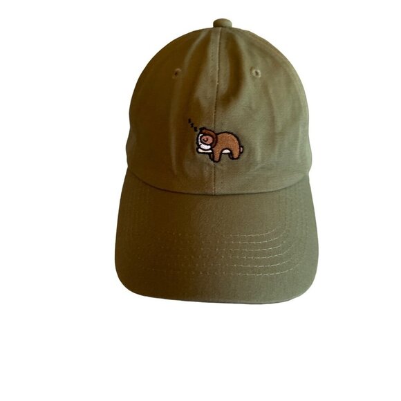 Olive Green Baseball Cap With Embroidered Sloth Design & Adjustable Strap - Picture 1 of 4